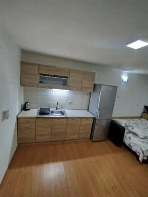 a small kitchen with a sink and a refrigerator at Apartmani Strahinic in Leskovac
