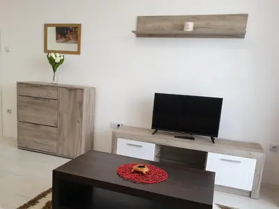 a living room with a tv and a table at Sokolux in Soko Banja