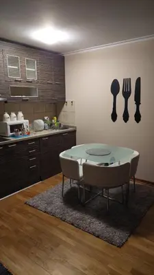 a kitchen with a table and chairs in a kitchen at Apartman Jovanovic in Vrnjačka Banja