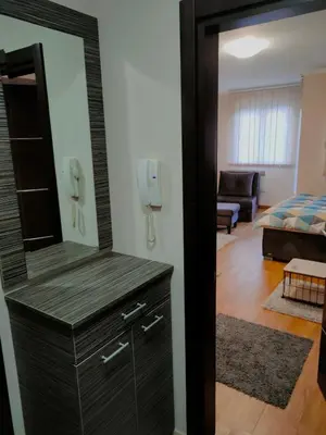 a mirror on a dresser in a living room at Apartman Jovanovic in Vrnjačka Banja