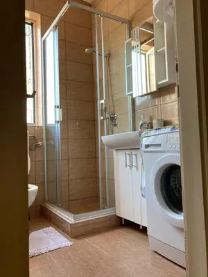 a bathroom with a shower and a washing machine at Nina apartman in Vrnjačka Banja