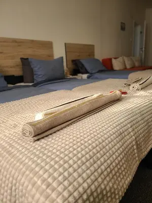 two towels on the top of a bed at Stari Zaječar apartments in Zaječar