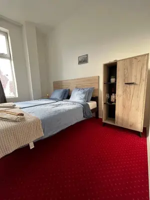 a bedroom with a large bed and a red carpet at Stari Zaječar apartments in Zaječar