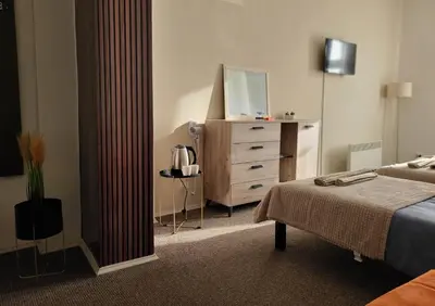 a bedroom with a bed and a dresser with a mirror at Stari Zaječar apartments in Zaječar