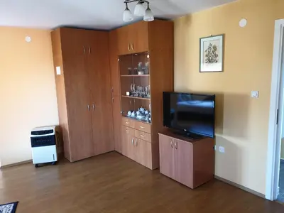 a living room with a television and wooden cabinets at Apartmani Mile in Soko Banja