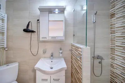 a bathroom with a sink and a shower and a toilet at Apartman Nena in Pirot