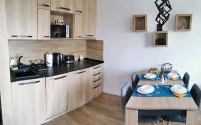 a kitchen with a table and chairs and a kitchen with a counter at Apartman Srebrna pahulja in Kopaonik