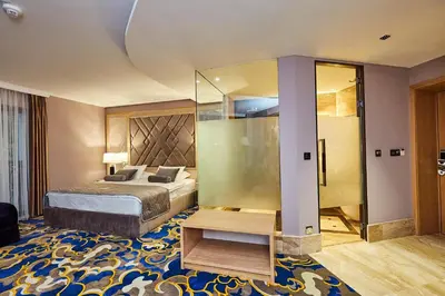 a hotel room with a bed and a glass wall at A Hoteli - Hotel Park in Vrnjačka Banja