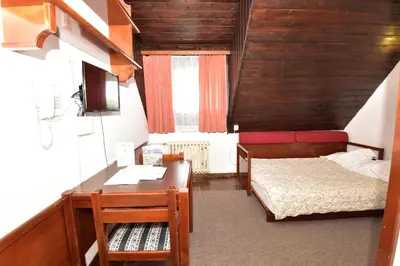 a bedroom with a bed and a desk and a table at Apartments JAT Kopaonik in Kopaonik