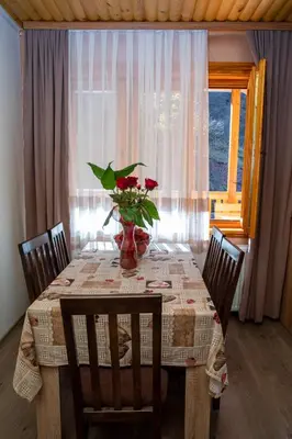 a dining room table with a vase of flowers on it at Kuca Stojanovica Topli Do in Pirot