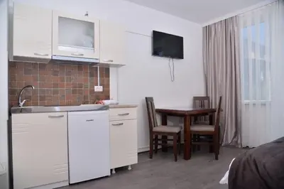 a kitchen with a sink and a table in a room at Apartmani Milovanović in Vrnjačka Banja
