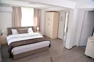 a bedroom with a large bed and a large window at Apartmani Milovanović in Vrnjačka Banja