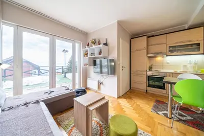 a kitchen and living room with a large window at Zoara apartment in Kopaonik