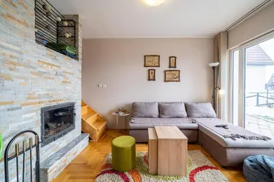 a living room with a couch and a fireplace at Zoara apartment in Kopaonik