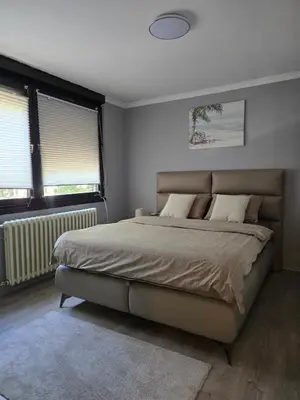 a bedroom with a large bed and two windows at Kingston in Pirot