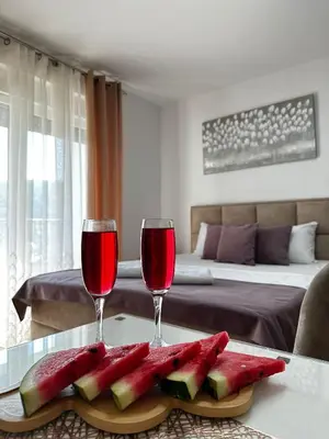 a room with a table with two glasses of red wine at Studio Bogdanovic in Vrnjačka Banja