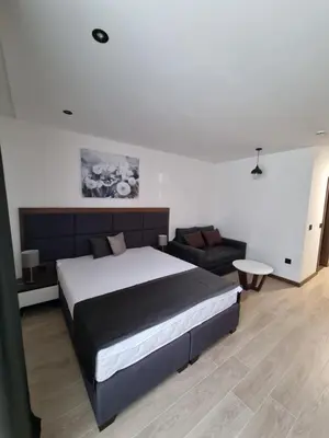 a bedroom with a large bed and a couch at Apartman ZoneS - Zoned in Kopaonik