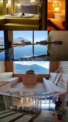 a collage of three pictures of a room with a bath tub at Apartman ZoneS - Zoned in Kopaonik