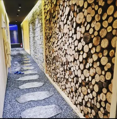 a hallway with a wall of logs at Apartman ZoneS - Zoned in Kopaonik