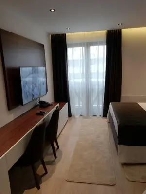 a hotel room with a bed and a desk with a television at Apartman ZoneS - Zoned in Kopaonik