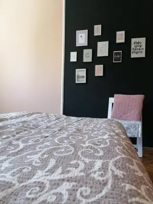 a bedroom with a bed and a wall with pictures at Apartman Lili in Soko Banja