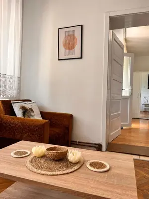 a living room with a table and a couch at Apartman Lili in Soko Banja