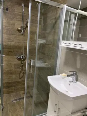 a bathroom with a sink and a shower at Apartman Sveta in Vrnjačka Banja