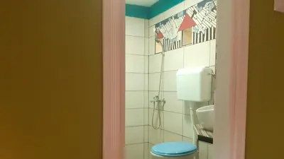 a bathroom with a blue toilet and a sink at Village house Moo Moo in Vranje
