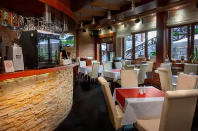 a restaurant with tables and chairs and a bar at Silver View in Kopaonik