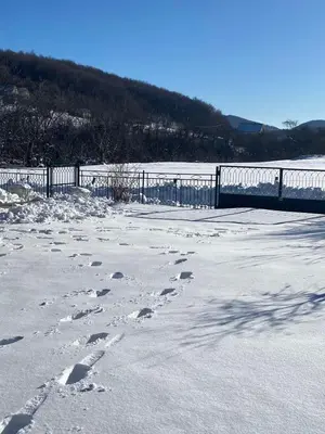 a snow covered road with a fence in the background at Vikendica Matić in Goč