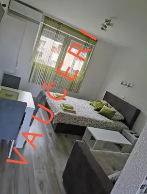 a room with a bed and a table and a couch at Apartmani Manila, Vrnjačke terme-popust, SPA centar Pegaz-popust, garažno mesto in Vrnjačka Banja