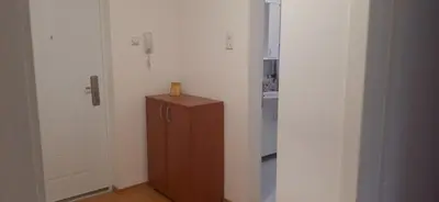 a kitchen with a wooden cabinet in a room at Apartman Andjela in Soko Banja