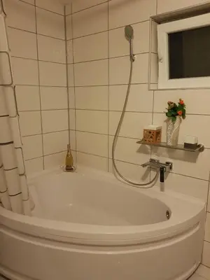 a white bath tub with a shower in a bathroom at FARAON pn 3 in Paraćin