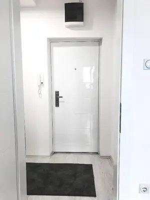 a white door in a room with a black rug at Apartman DEA in Soko Banja
