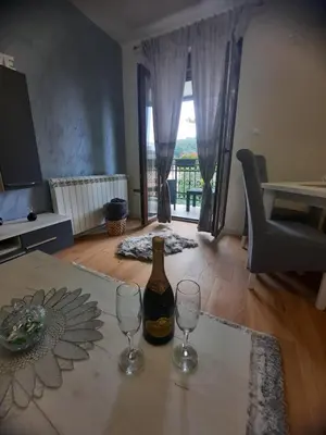 a bottle of wine sitting on a table with two glasses at Apartman Korićanac Vrnjačka Banja in Vrnjačka Banja