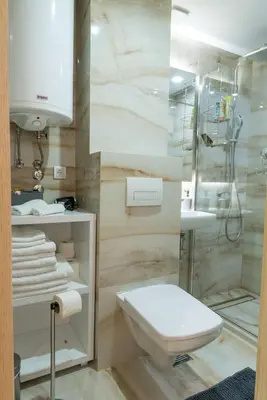 a white bathroom with a toilet and a shower at Apartman Sandra Free parkig in Vrnjačka Banja