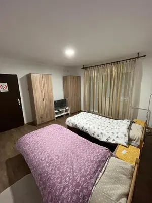 a bedroom with two beds and a purple blanket at villa Antonijevic in Brestovac