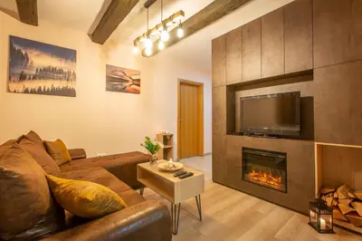a living room with a couch and a fireplace at Zen apartman in Kopaonik