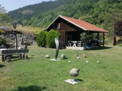 a bird standing in the grass in front of a cabin at Galerija68 in Kraljevo