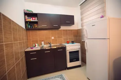 a kitchen with a white refrigerator and a sink at Aber Apartmani Kopaonik in Kopaonik