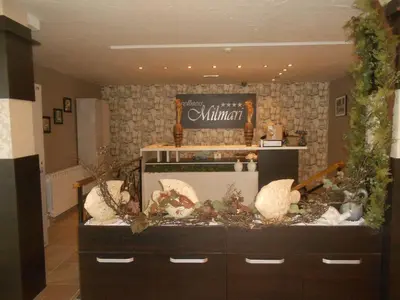 a kitchen with a counter with a fish tank at Milmari - Breakfast and pool in Kopaonik