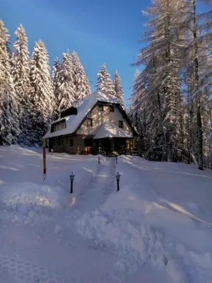 a log cabin covered in snow in front of trees at Studios Šumska Kuća 1 in Kopaonik