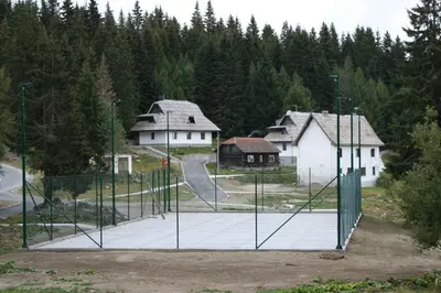 a skate park with a ramp in front of some houses at Studios Šumska Kuća 1 in Kopaonik