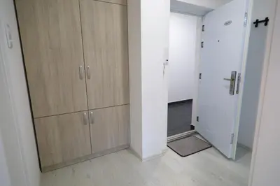 a room with wooden cabinets and a door leading to a closet at Apartmani Gorunović in Soko Banja