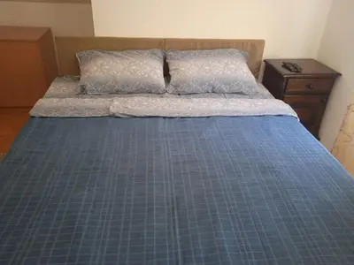 a bed with a blue plaid bedspread and two pillows at Mikasa in Niš