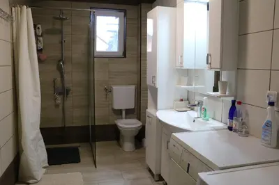 a bathroom with a shower and a toilet and a sink at Apartmani MIBOR in Vrnjačka Banja