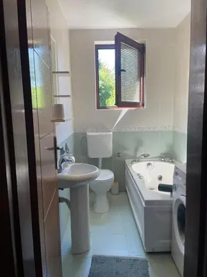 a bathroom with a sink and a toilet and a tub at Apartman Djordjevići in Vrnjačka Banja