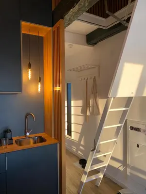 a kitchen with a ladder next to a sink at Apartman L8 Kopaonik in Kopaonik