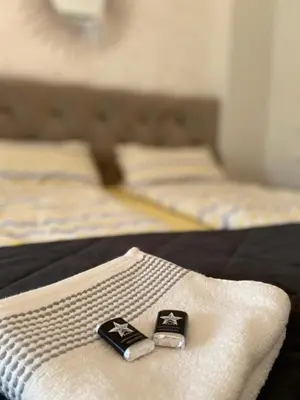 a pair of towels on a bed with two beds at Zvezda Lux in Vrnjačka Banja
