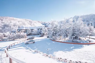 a street covered in snow with a car parked at Guesthouse Junior in Kopaonik